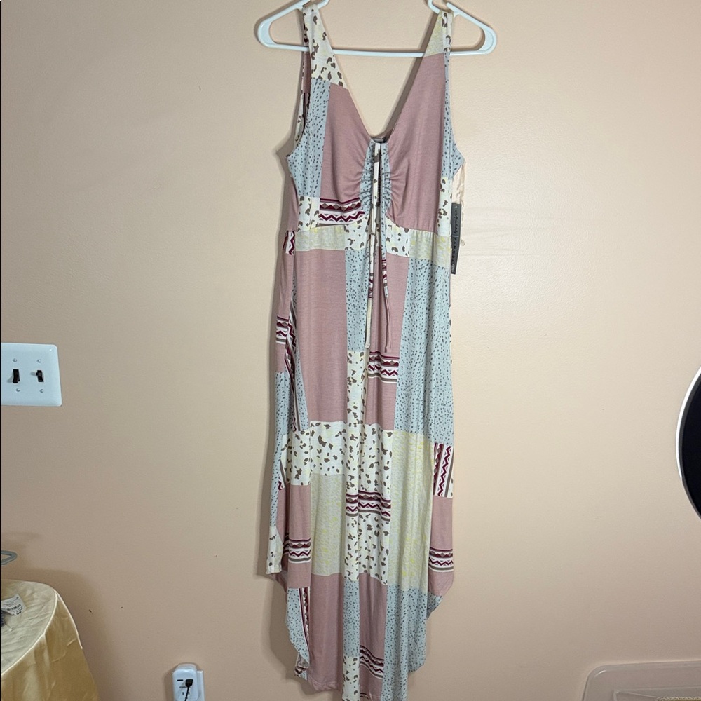 Absolutely Famous Pink Patchwork Maxi Dress with V-Neck and Front Tie